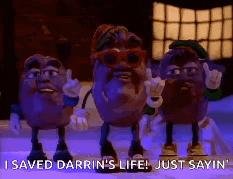 a group of cartoon characters standing next to each other with the words i saved darrin 's life just sayin '