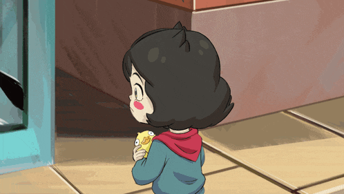 a cartoon of a girl holding a yellow object in her hand