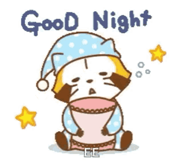 a cartoon raccoon is sitting on a pillow and holding a cup and saying `` good night '' .