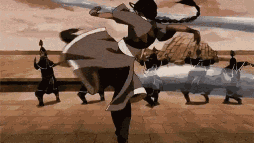a group of people are standing around a woman holding a sword in a battle scene from avatar the last airbender .