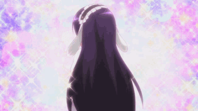 a girl with purple hair is wearing a maid costume