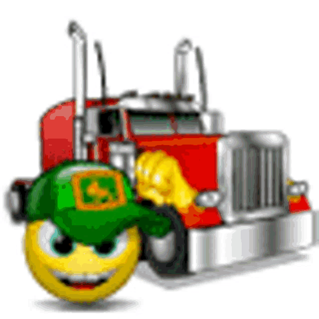 a smiley face is wearing a green hat and standing next to a semi truck .