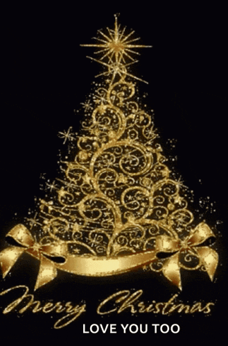 a merry christmas card with a gold christmas tree on a black background