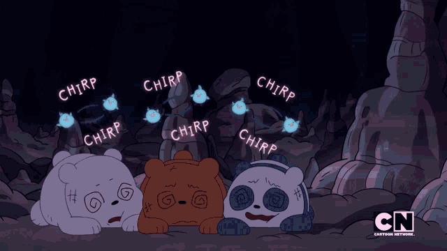 a cartoon of three bears with the word chirp written on them