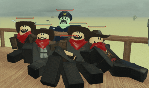 a group of roblox characters wearing cowboy hats and bandanas are posing for a picture
