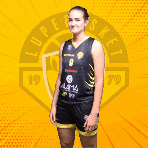 a woman holding a basketball in front of a logo that says lupa basket