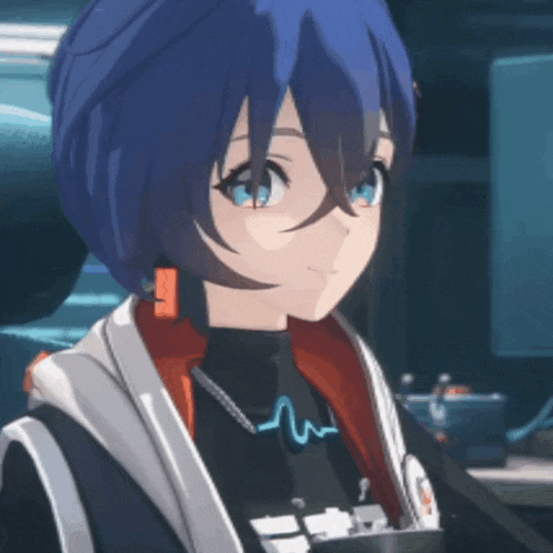 a close up of a blue haired anime girl with a heartbeat necklace around her neck