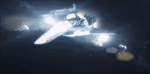 a jet is flying through a dark space with a light coming out of the tail