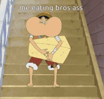 a cartoon character holding a piece of cheese with the words me eating bros ass above him