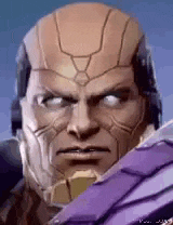a close up of a cartoon character 's face with a purple armor on .