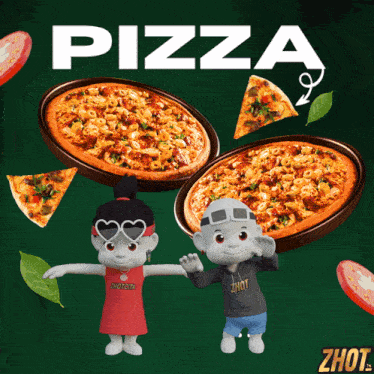 a couple of cartoon characters standing next to two pizzas with the word pizza on it