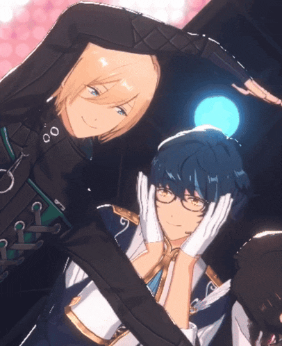 a couple of anime characters making a heart shape with their arms
