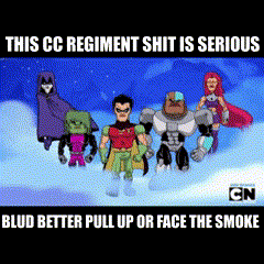 a group of cartoon characters standing next to each other with the caption " this cc regiment shit is serious