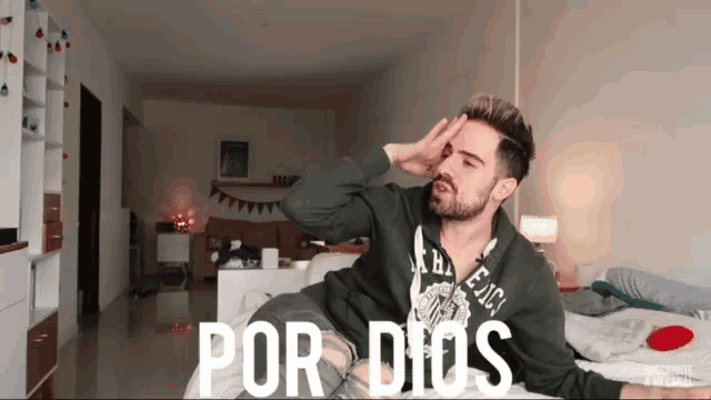 a man is laying on a bed with the words por dios written on the bottom