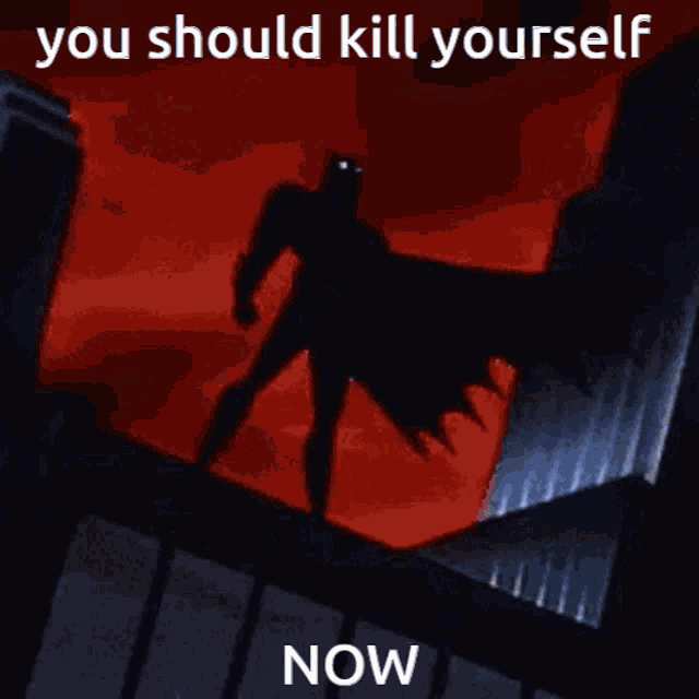 a cartoon of batman standing on the edge of a building with the words " you should kill yourself now " below him