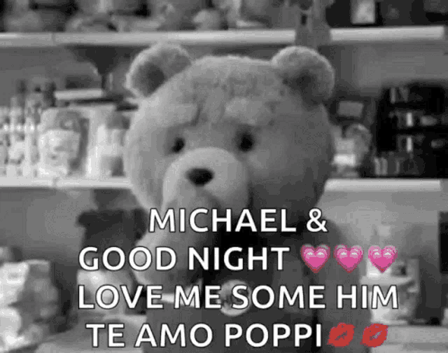 a teddy bear with the words michael & good night love me some him te amo poppi
