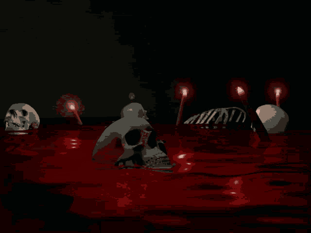 a group of skulls and candles are floating in a pool of blood