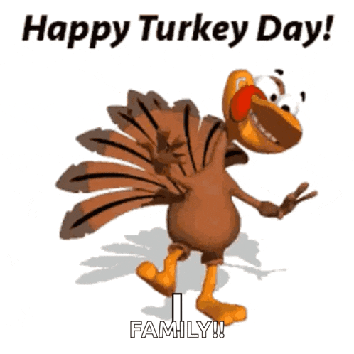 a happy turkey day greeting card with a turkey dancing