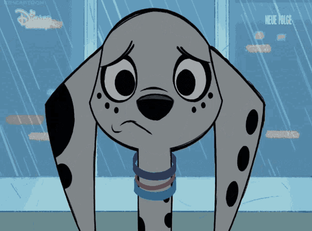 a dalmatian dog with a sad look on his face is on a disney channel advertisement