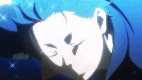 a close up of a person 's face with a blue background