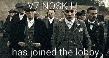 a group of men in suits and hats with the words v7 noskill has joined the lobby above them