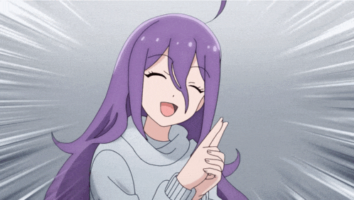 a girl with purple hair is making a peace sign with her fingers