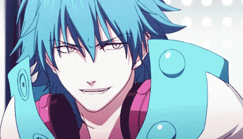 a close up of a blue haired anime character with a pink jacket
