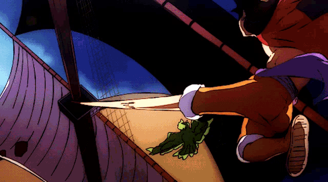 a cartoon of a person flying through the air with a sword