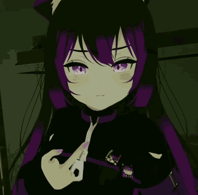 a girl with purple hair and a black jacket giving the middle finger