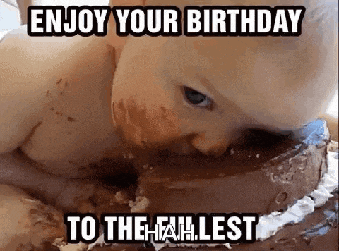 a baby is eating a chocolate birthday cake with a caption that says enjoy your birthday to the least