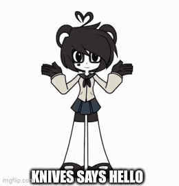 a black and white drawing of a girl with a heart in her hair and the words `` knives says hello ''