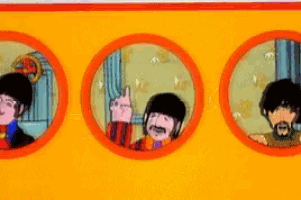 a cartoon of the beatles looking out of a yellow submarine window