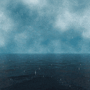 rain is falling on a body of water in the middle of the ocean