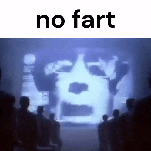 a group of people standing in front of a screen that says ' no fart ' on it