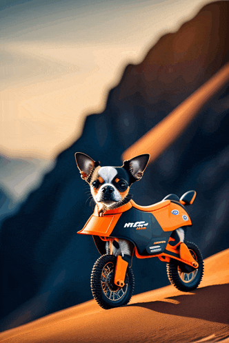 a small dog wearing an orange and black ktm motorcycle jacket