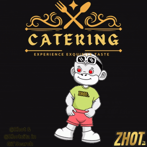 an advertisement for catering with a monkey wearing a shirt that says thoe