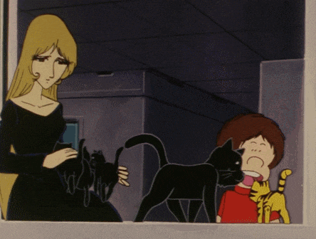 a cartoon drawing of a woman and a boy with cats