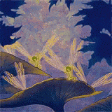 a close up of a painting of a flower with a blue sky in the background
