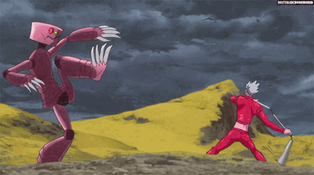 a cartoon of a man in red fighting a monster with a sword
