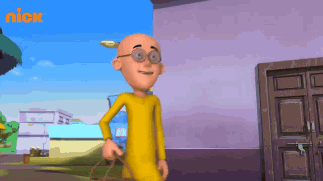 a cartoon character is standing in front of a door with a nick logo on the bottom