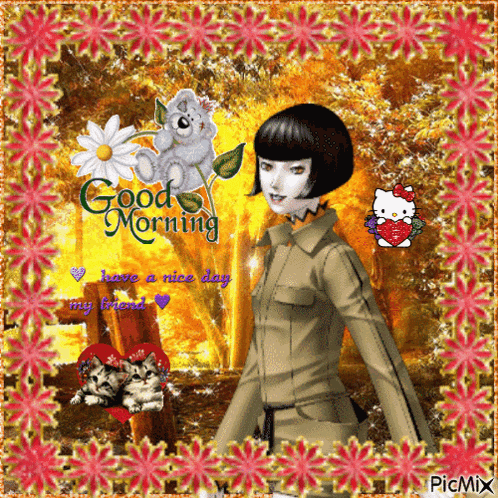 a picture of a girl with the words good morning have a nice day on it