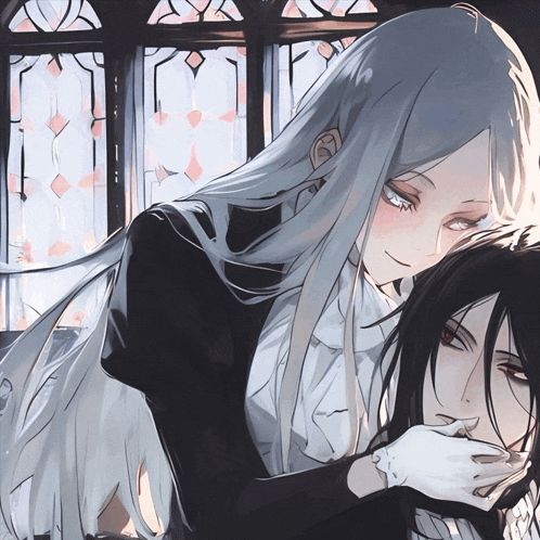 a woman with long white hair is holding a man 's hand