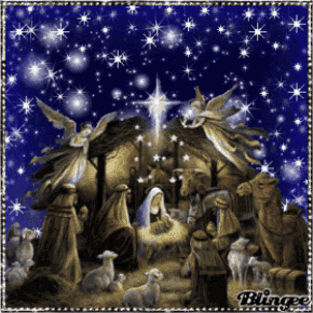 a picture of a nativity scene with the word blingee on the bottom right
