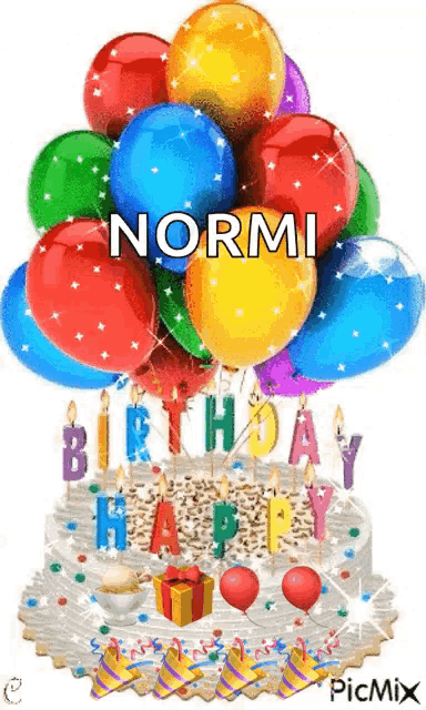 a picture of a birthday cake with balloons and candles for normi