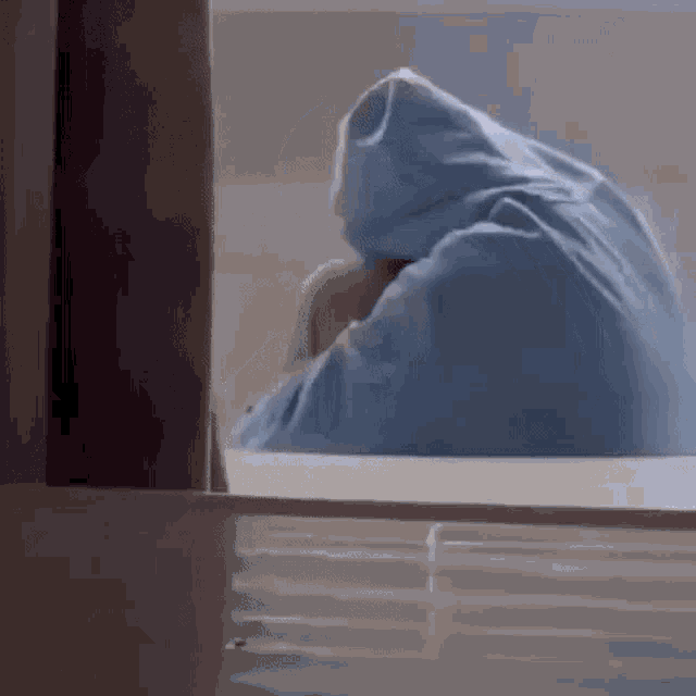 a person in a blue hooded jacket is sitting at a table in a room .