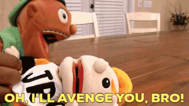 two stuffed animals on a table with the words oh i 'll avenge you bro on the bottom