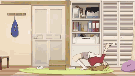 a cartoon of a girl doing a yoga pose in front of a closet