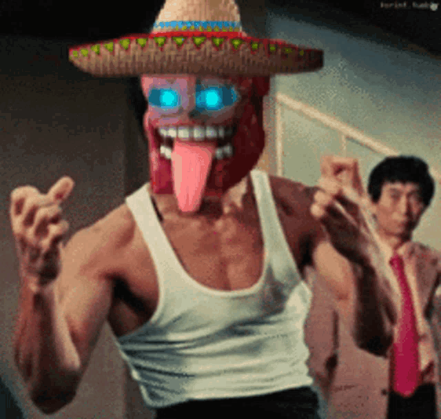 a man wearing a sombrero and a mask with his tongue hanging out