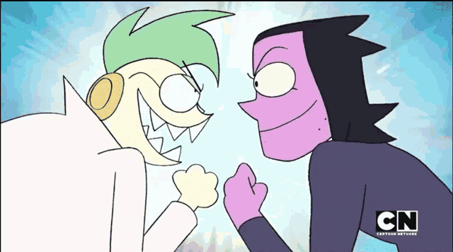 two cartoon characters are standing next to each other with the cn logo on the bottom right