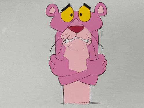 a drawing of a pink panther with arms crossed